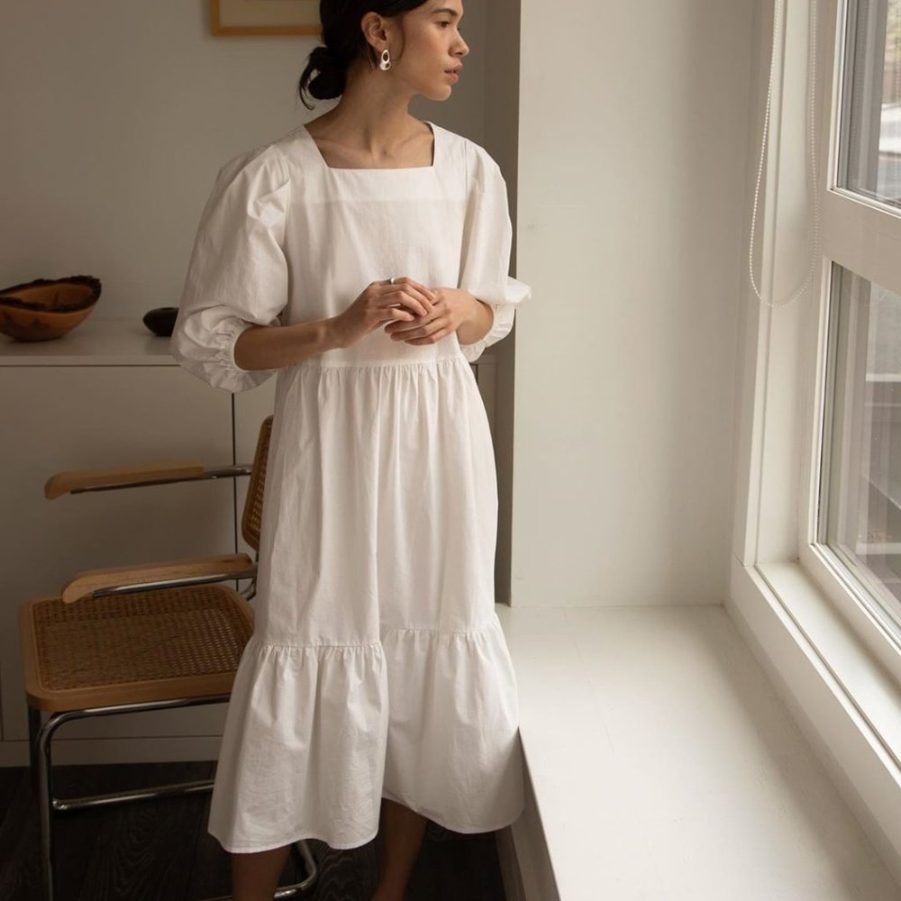 OAK + FORT 6308 Puff Sleeve White Midi Dress Size XS - Picture 9 of 9